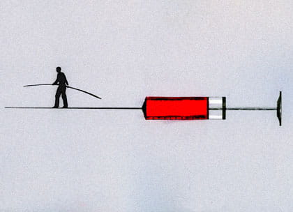 Illustration of person tightrope walking on syringe needle